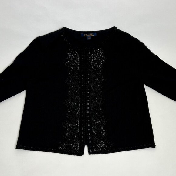 BROOKS BROTHERS Open Front Sweater Fine Merino Italian Wool Hand Beaded Black M - Picture 7 of 7